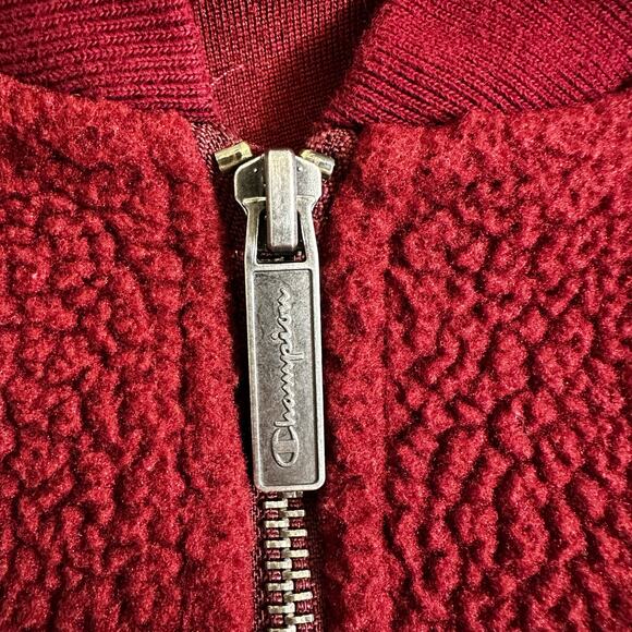 CHAMPION Men Full Zip Letterman Varsity Sherpa Bomber Jacket Burgundy Streetwear - Picture 10 of 13